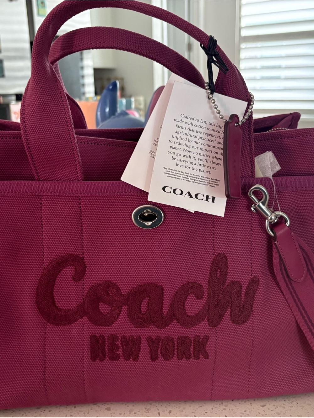 NWT Coach Raspberry-Red Canvas Tote with Embroidered Logo